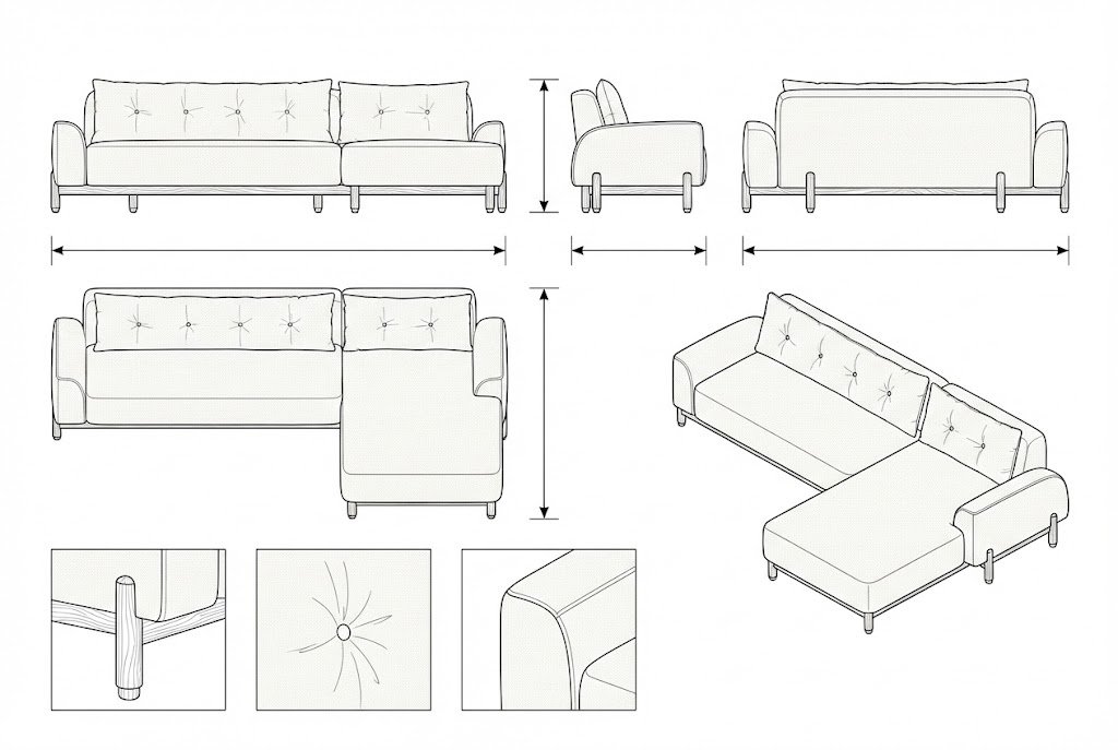 Sofa L-Shape Modern Skandinavia Kain Linen Beige | Lucia