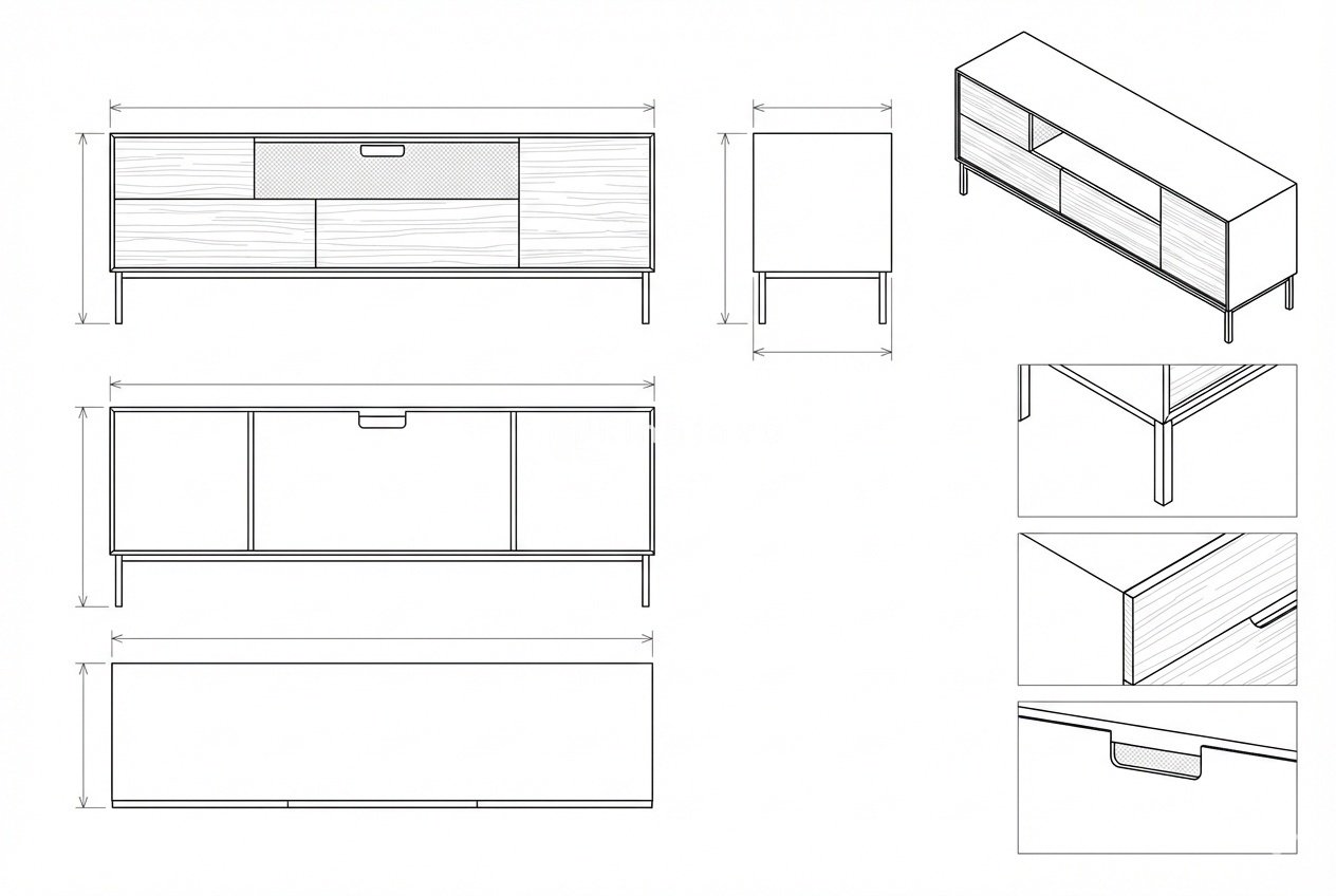 Credenza Kayu Solid Modern dengan Bingkai Hitam - Ren