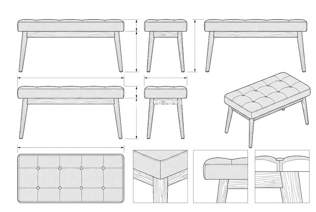 Bangku Panjang Kain Kayu Solid Mid-Century Modern Chloé
