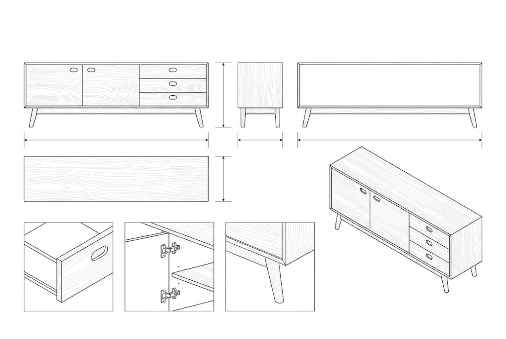 Sideboard Kayu Solid Mid-Century Modern Ragnhild - Penyimpanan Elegan