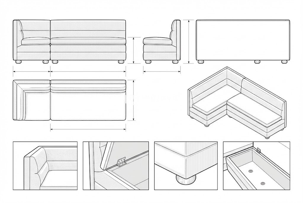 Sofa Sudut Kain Linen Minimalis dengan Penyimpanan - Louis