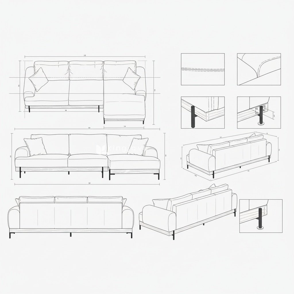 Sofa L Kayu Solid Modern Minimalis dengan Chaise Lounge - Seraphina