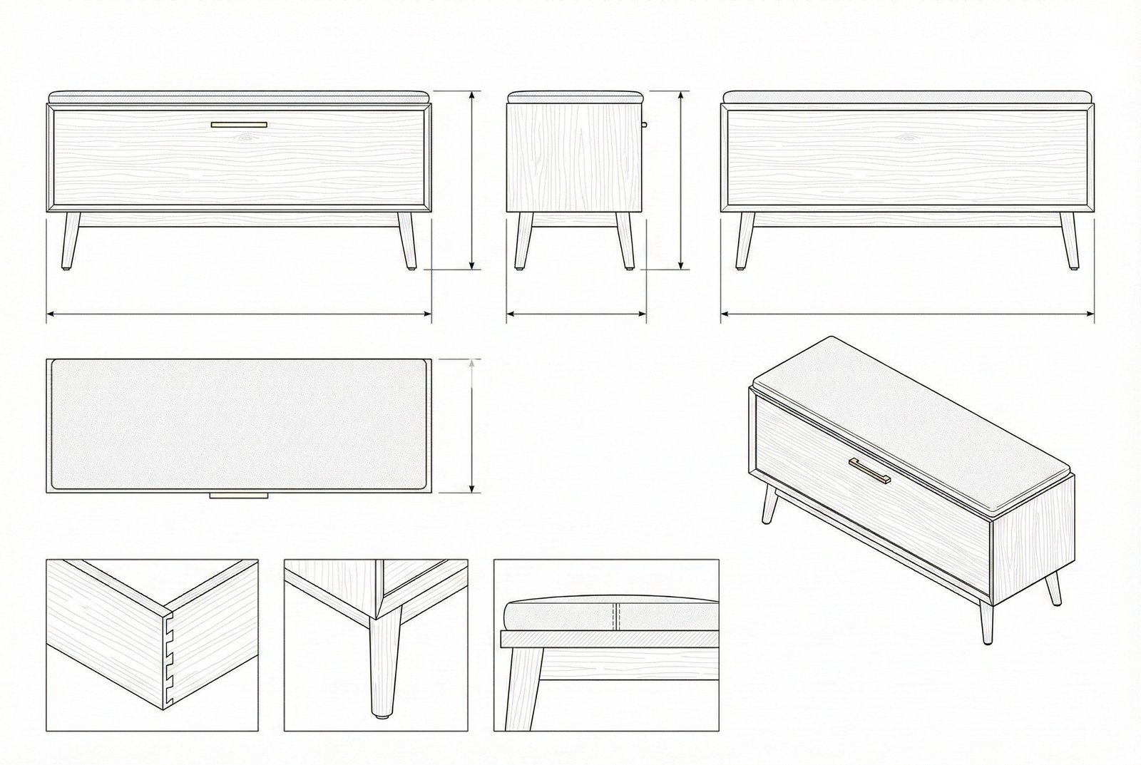 Bangku Penyimpanan Kayu Jati Solid Mid-Century Modern dengan Bantalan Kain dan Handle Kuningan - Cordelia