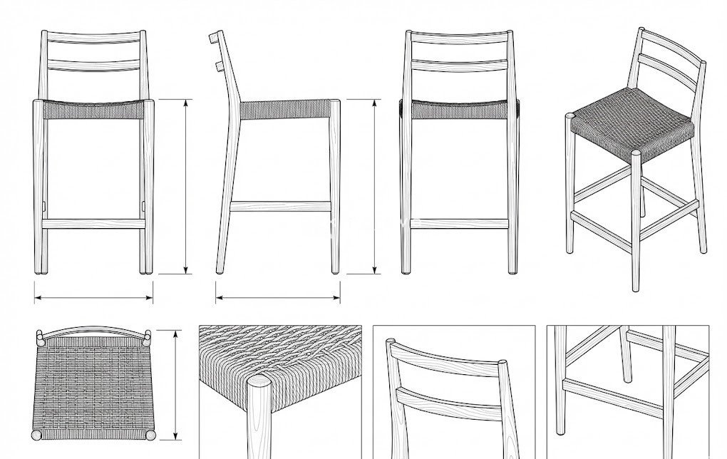 Bangku Bar Kayu Jati Anyaman Skandinavia Modern Pearl