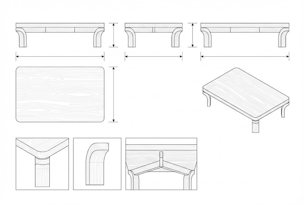 Meja Kopi Kayu Oak Solid Modern Minimalis Kaki Melengkung - Dorian