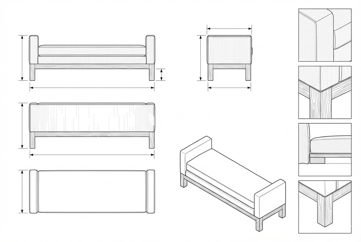Bench Linen Rangka Kayu Minimalis Sandaran Lengan - Seraphina
