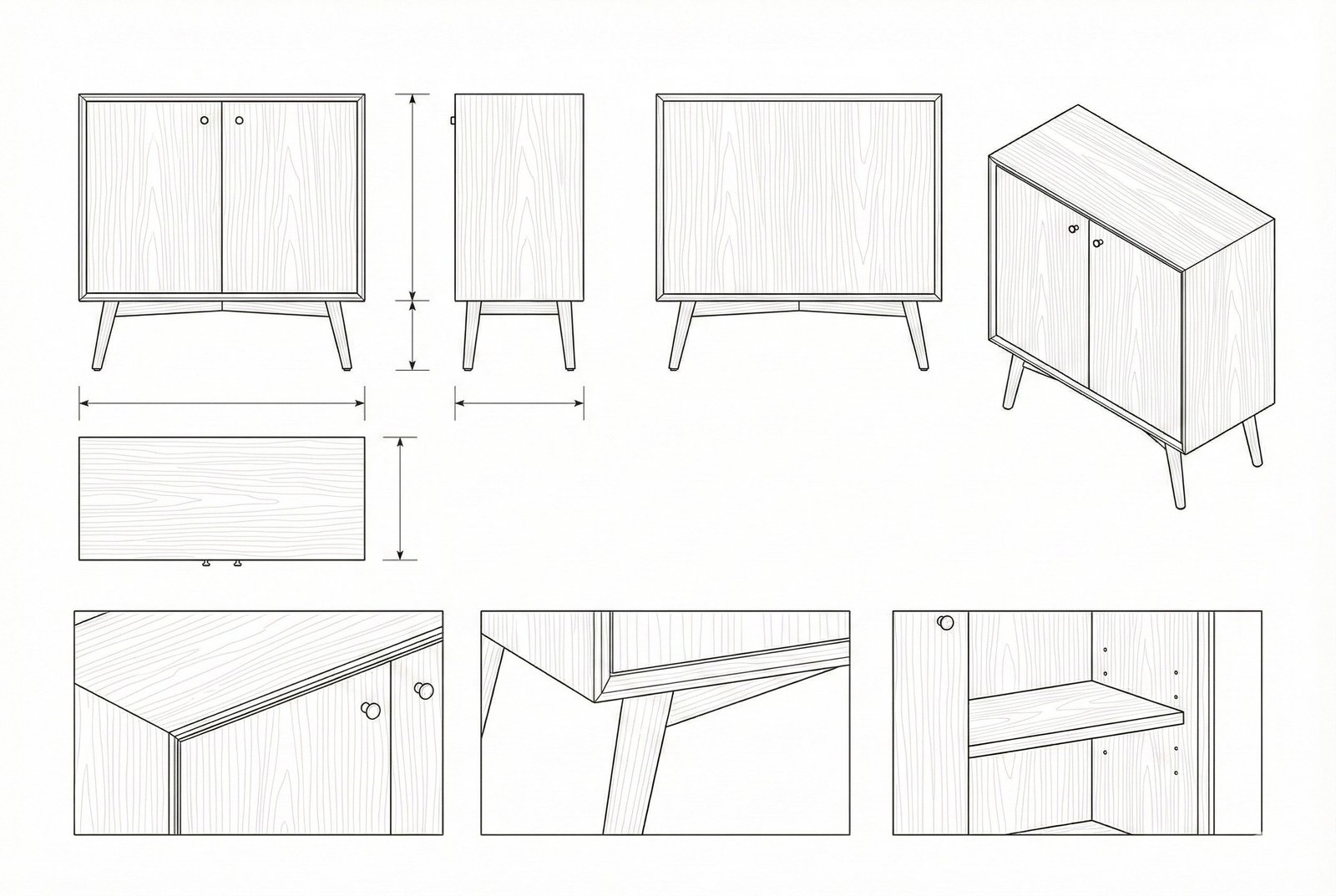 Kabinet Penyimpanan Kayu Solid Mid-Century Modern Evangeline