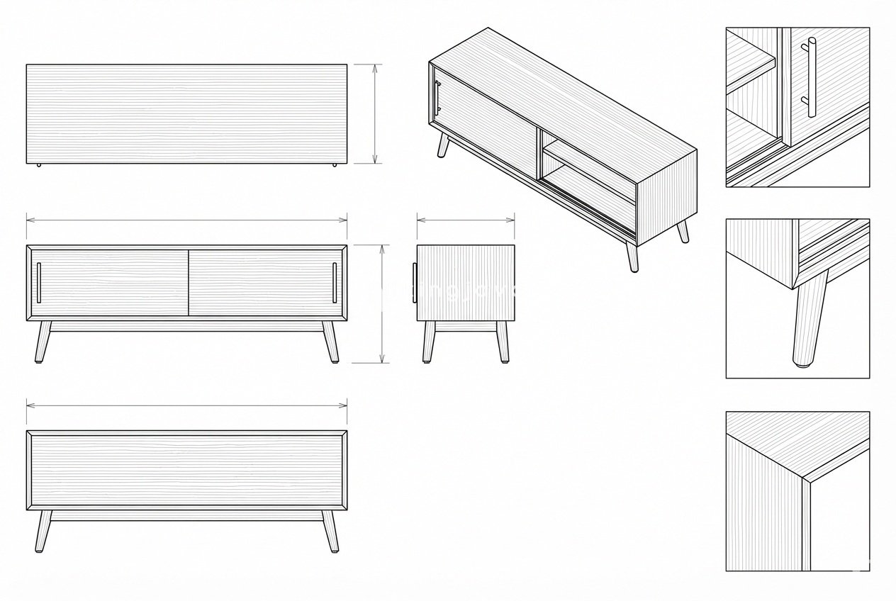 Bufet TV Kayu Jati Solid Mid-Century Modern Pintu Geser - Lars