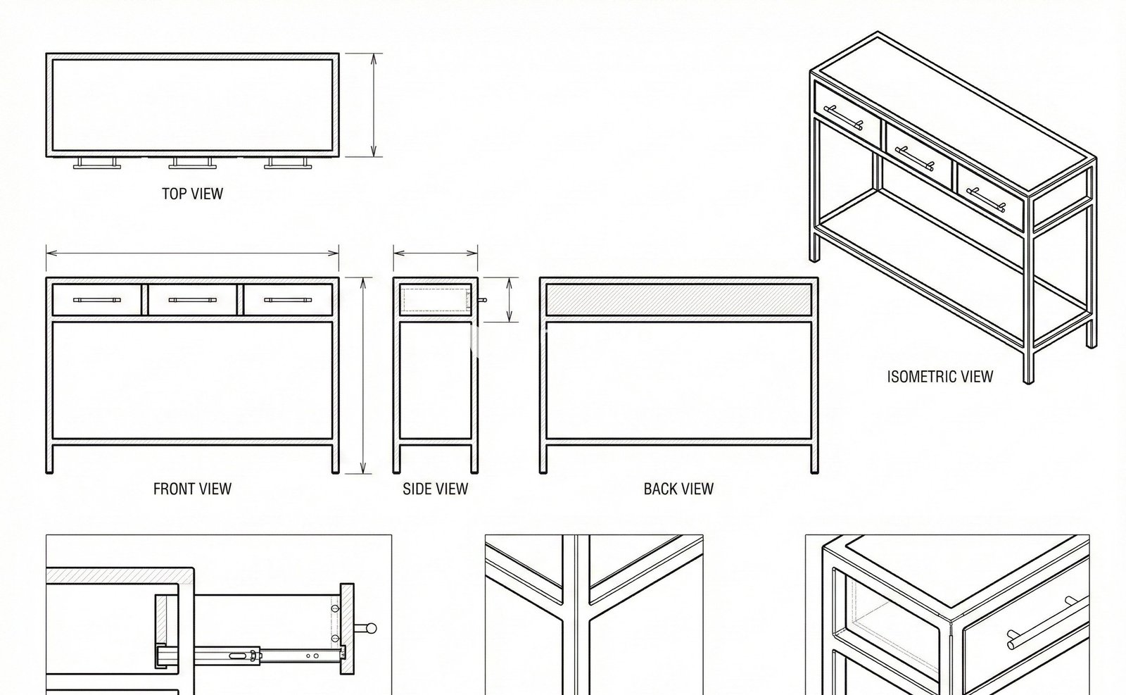 Meja Konsol Hitam Minimalis 3 Laci Emas Antonio - Furnitur Modern