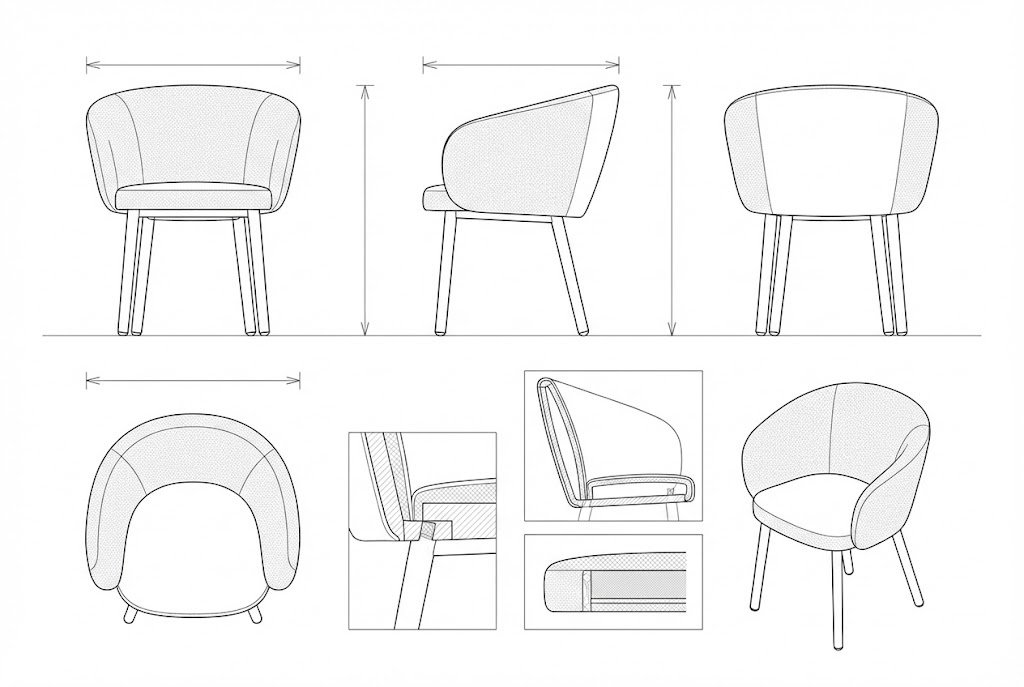 Kursi Makan Kain Boucle Kayu Solid Modern Pi