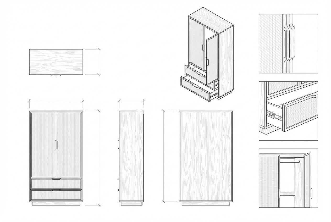 Lemari Pakaian Kayu Jati Rotan Modern Vortex