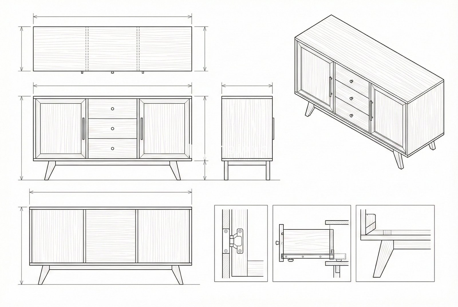 Sideboard Kayu Solid Mid-Century Modern dengan Laci - Finn