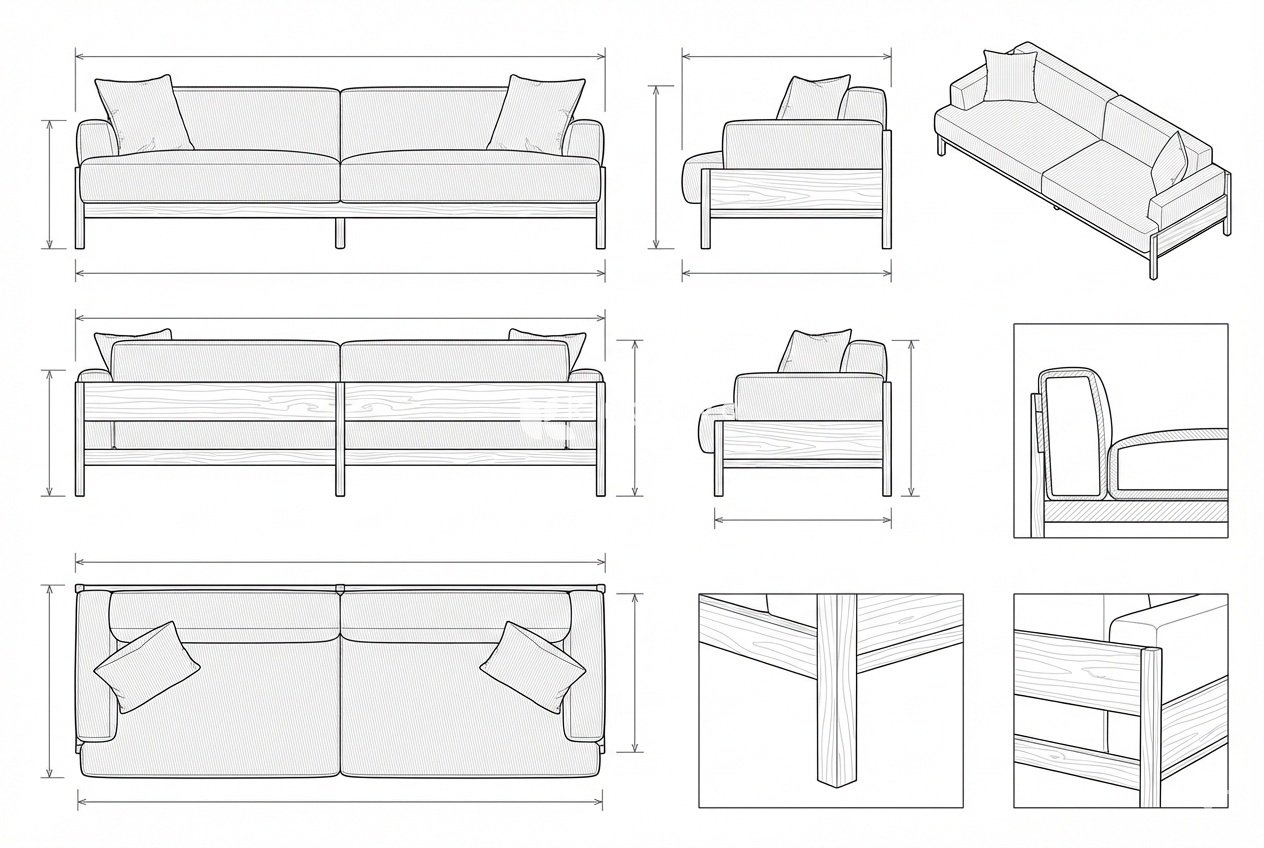 Sofa Kayu Solid Kain Linen Modern Augustus