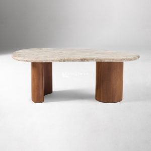 Meja Kopi Marmer Travertine Kayu Solid Modern Kaito