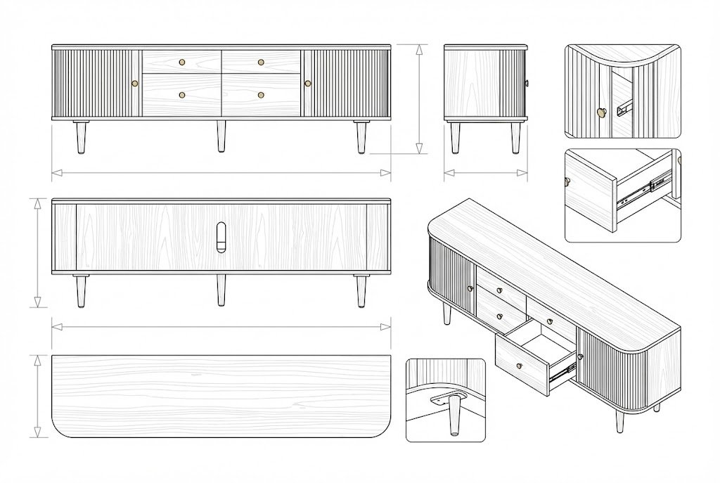 Buffet Kayu Jati Mid-Century Modern dengan Laci dan Pintu - Quartz