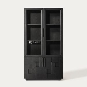 bufet kayu solid minimalis modern dengan pintu kaca untuk ruang tamu