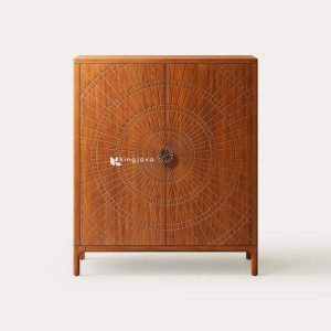 bufet kayu jati modern dengan ukiran radial yang elegan untuk ruang tamu