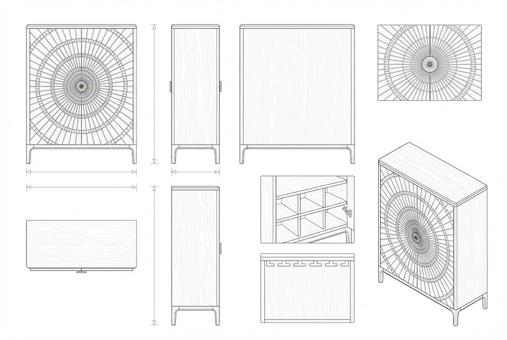 Bufet Kayu Jati Modern Ukiran Radial dengan Rak - Hera