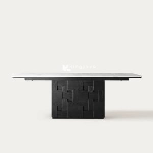 meja makan tampak depan menunjukkan desain modern dengan marmer dan kayu