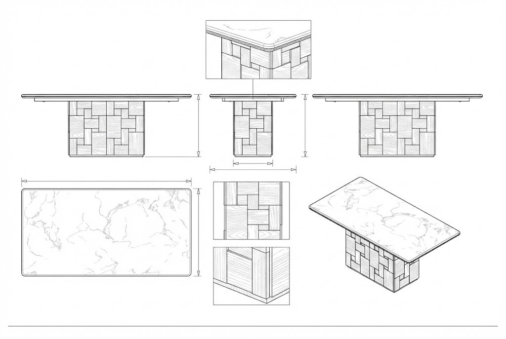Meja Makan Kayu Solid Marmer Modern Kontemporer dengan Base Tekstur Geometris - Wezen