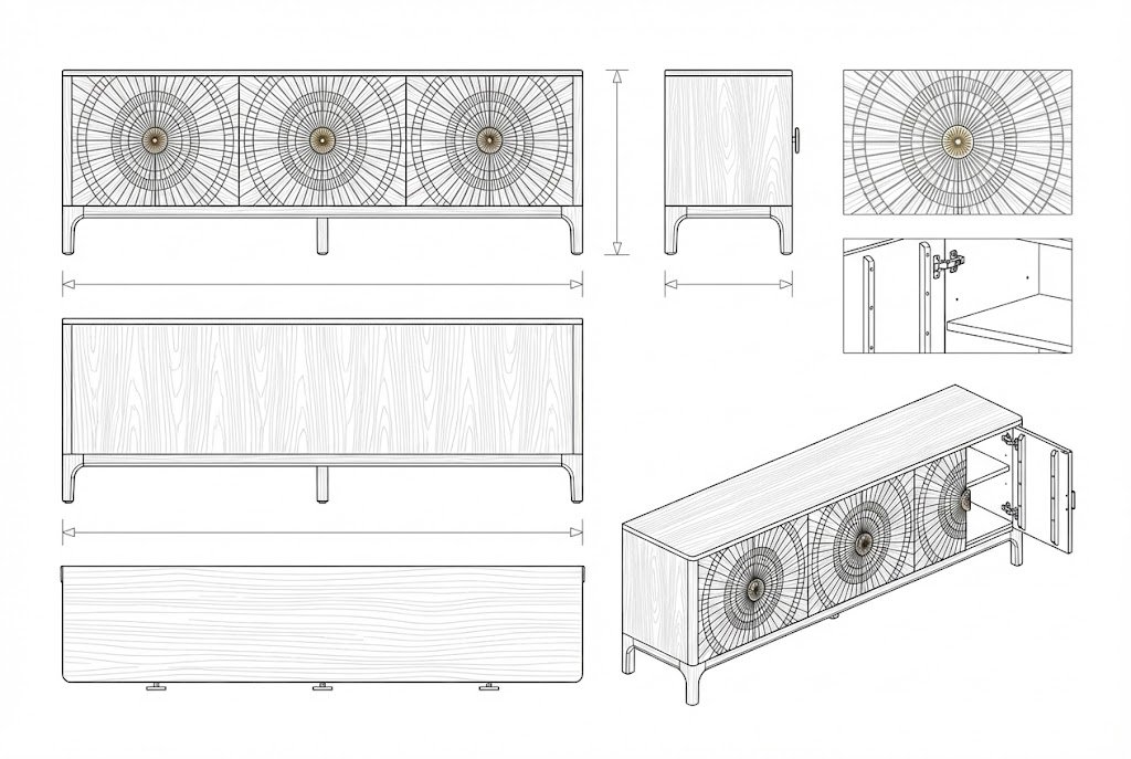 Buffet Kayu Jati Modern dengan Ukiran Radial - Zaurak