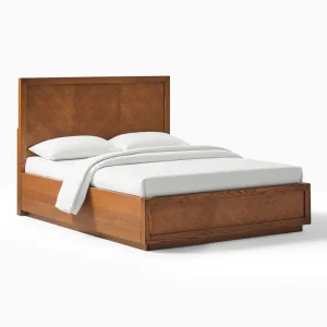 tempat tidur coklat kayu jati minimalis modern herringbone tampilan depan