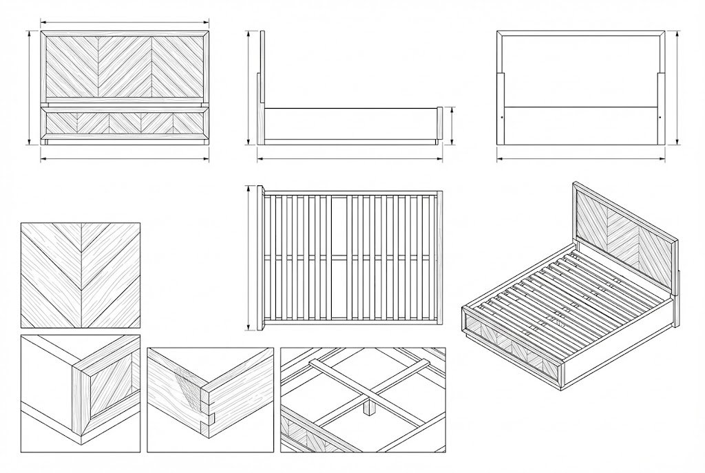 Tempat Tidur Kayu Jati Modern Minimalis Pola Herringbone - Alhena