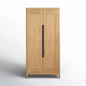 tampak depan lemari pakaian minimalis modern berbahan dasar kayu jati dengan dua pintu