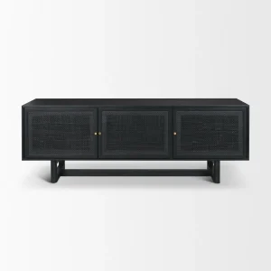 ilustrasi bufet kayu jati warna hitam gaya minimalis modern pintu rotan