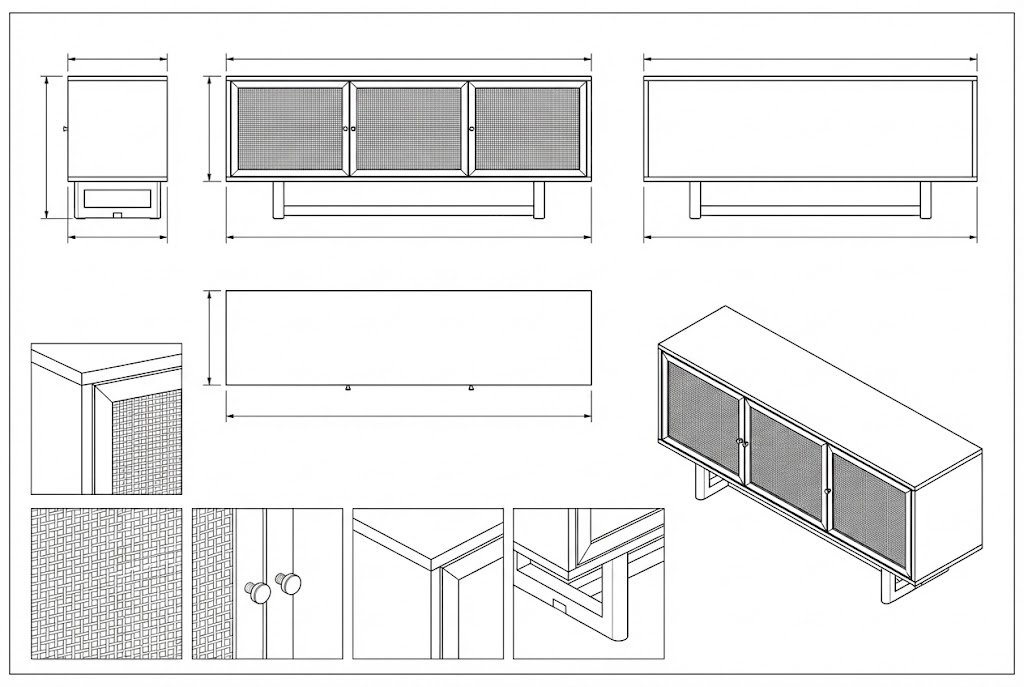 Bufet Kayu Jati Hitam Minimalis Modern dengan Pintu Rotan - Koi