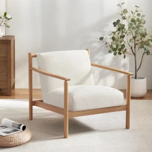 foto kursi kayu jati minimalis modern dengan sandaran kain krem dari depan