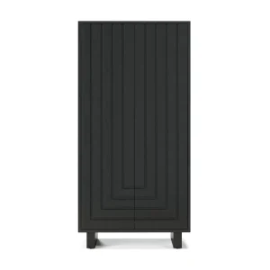 lemari kayu solid modern minimalis warna hitam tampak depan menampilkan desain elegan