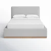 tempat tidur kain linen minimalis modern warna krem, sandaran kepala empuk dan nyaman