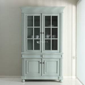 bufet kayu solid klasik modern dengan pintu kaca tampak depan yang elegan