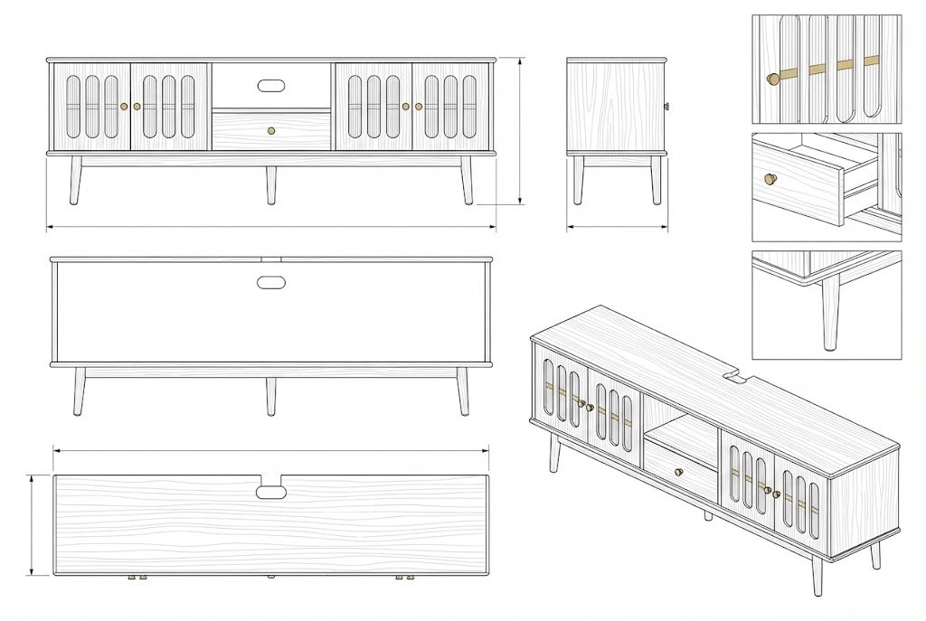 Bufet TV Kayu Jati Mid-Century Modern dengan Pintu Beraksen - Elegance