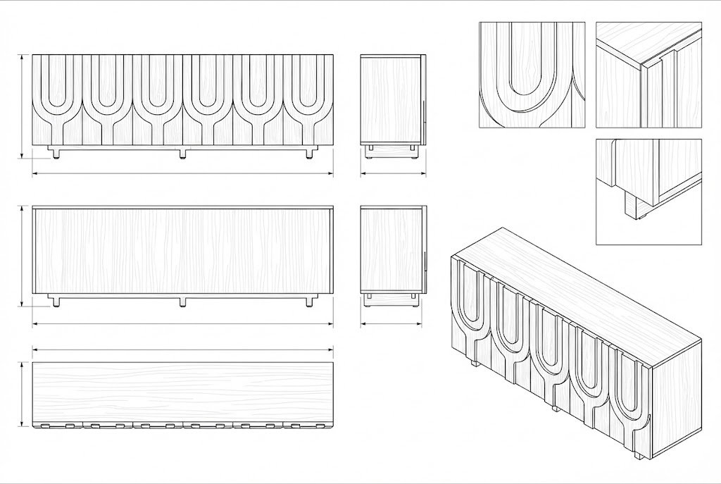 Buffet Kayu Jati Mid-Century Modern dengan Ukiran Arches - Erebus