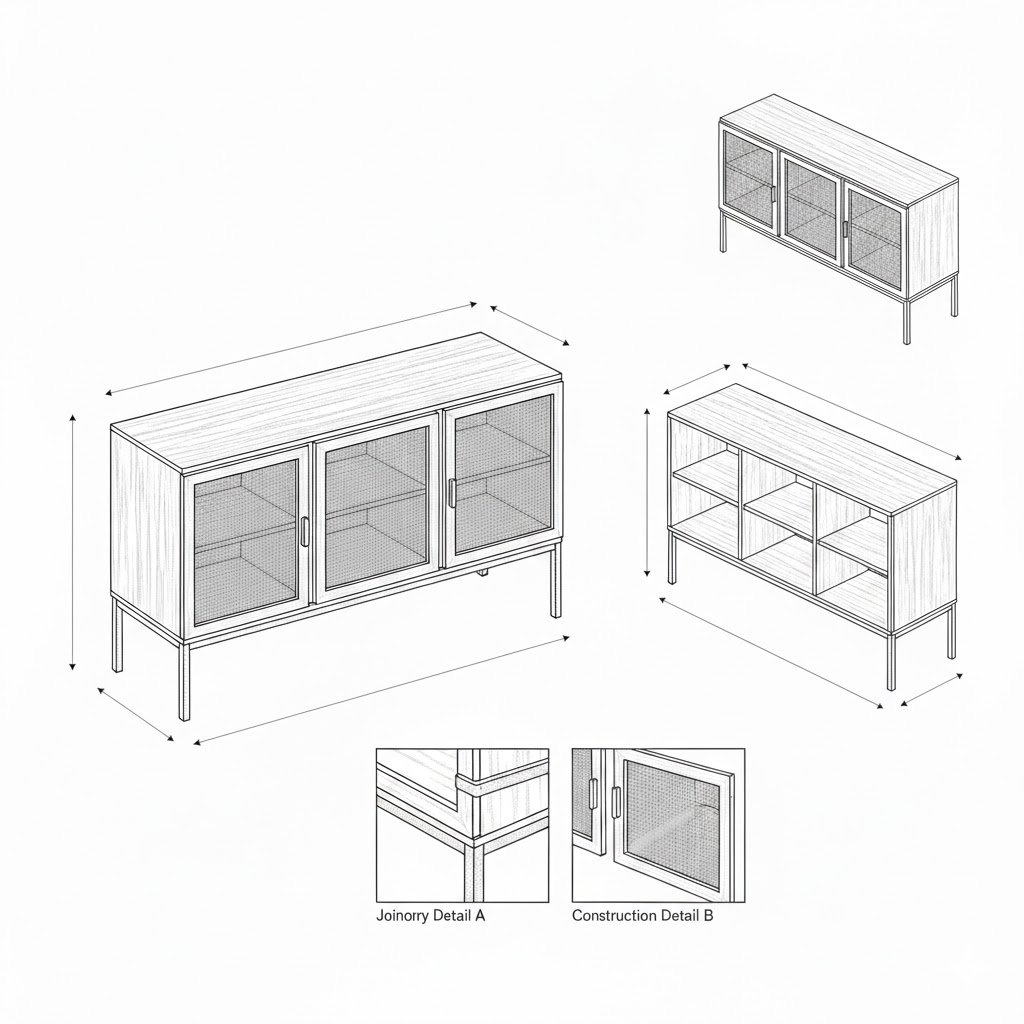 Bufet Kayu Rotan Hitam Modern dengan Kaki Emas