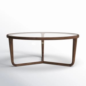 meja kopi kayu jati minimalis dengan kaki unik dan kaca bening tampak depan