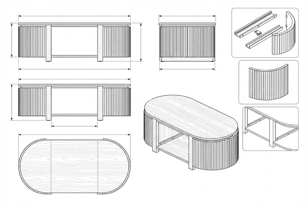 Meja Kopi Oval Kayu Solid William - Penyimpanan Tersembunyi Modern