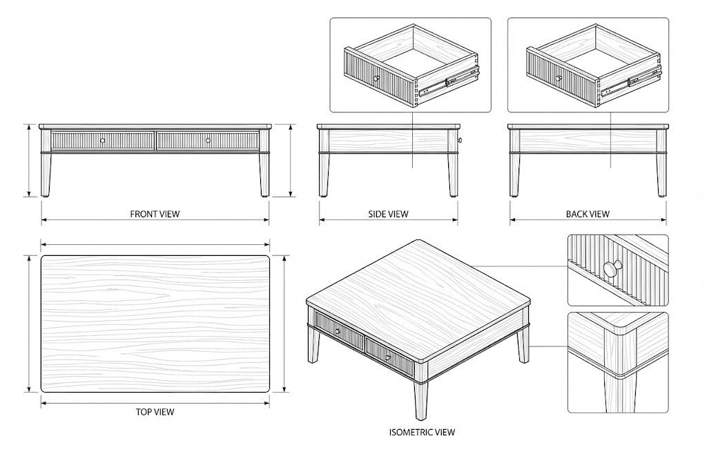 Meja Kopi Kayu Solid Modern Fluted Laci Ganda Sigrid
