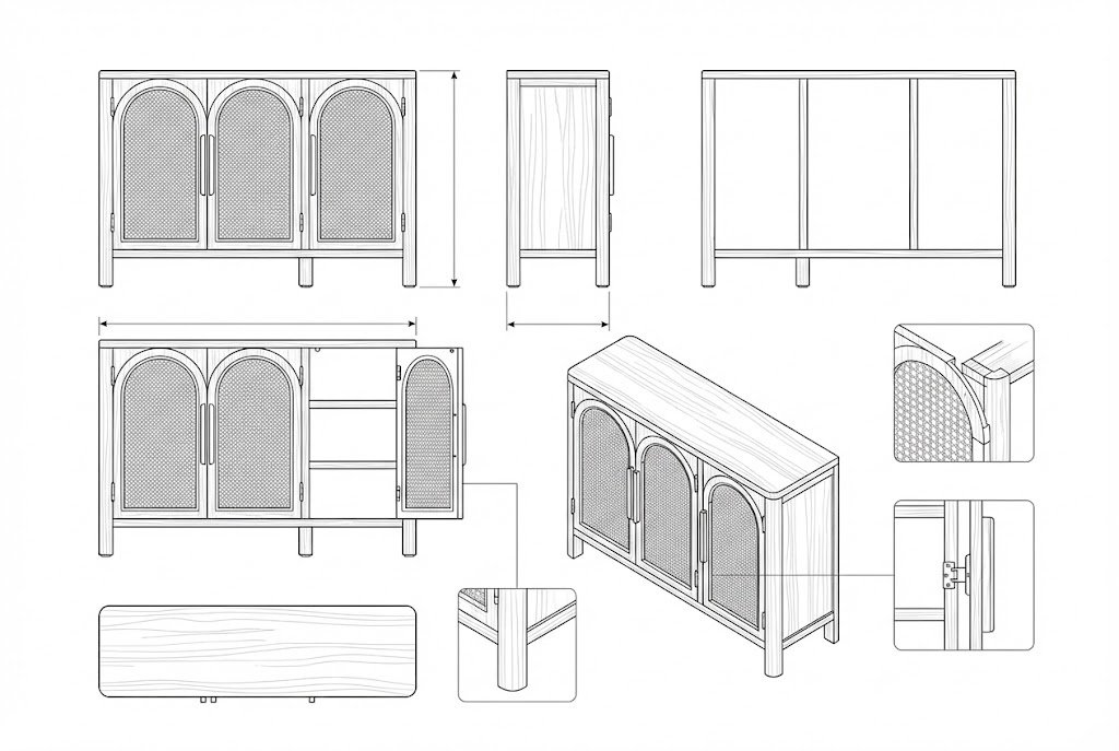 Kabinet Penyimpanan Kayu Jati Rotan Alami Pintu Lengkung - Camille