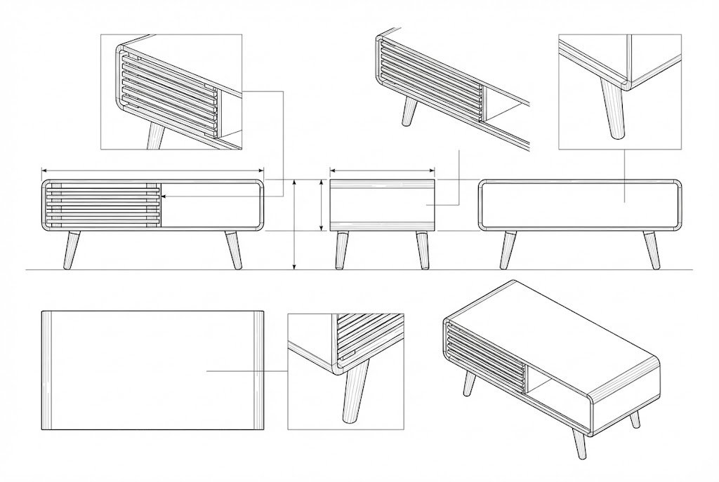 Meja Kopi Kayu Solid Hideki - Mid-Century Modern dengan Pintu Geser