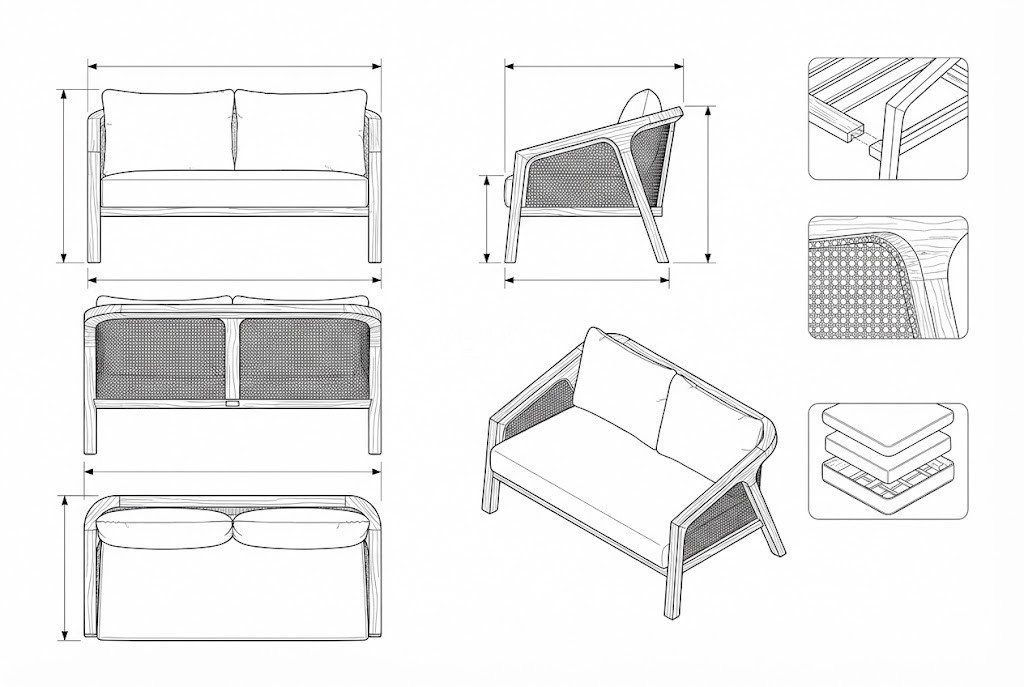 Sofa 2 Dudukan Kayu Jati Rotan Modern Mid-Century - Mu