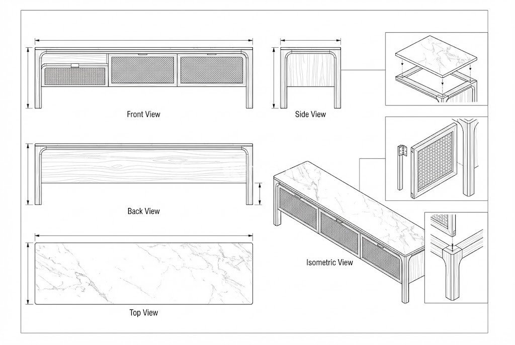 Meja TV Kayu Jati Rattan Marmer Minimalis Modern | Masato