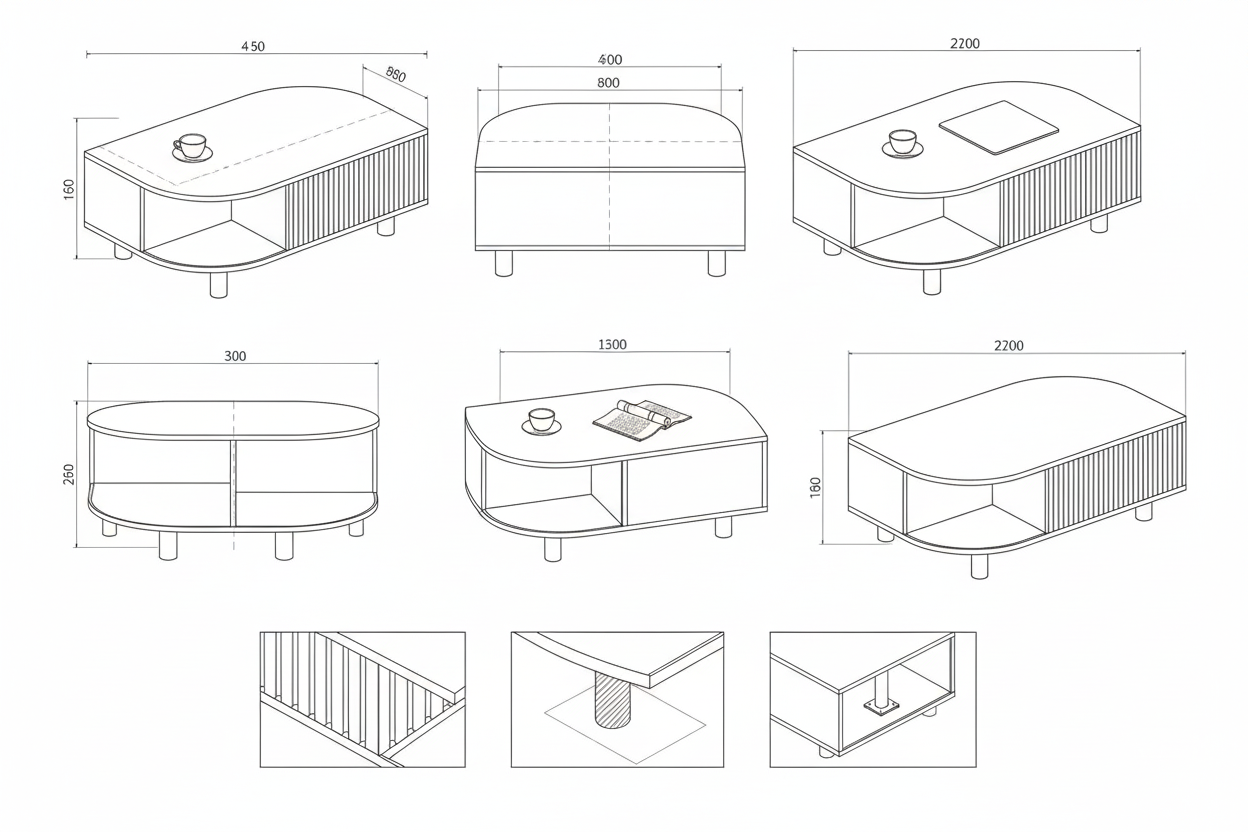 Meja Kopi Kayu Jati Minimalis Modern dengan Penyimpanan Tersembunyi & Rak Melengkung - Tempus