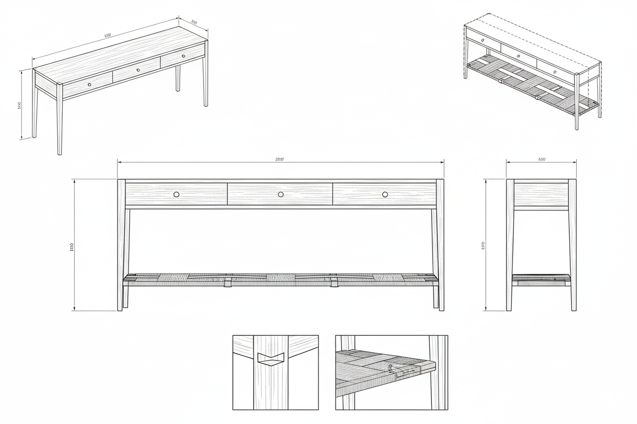 Meja Konsol Kayu Solid Natural Minimalis dengan Rak Anyaman