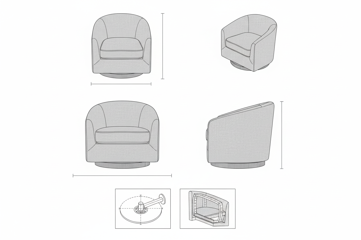 Kursi Putar Kain Abu-abu Modern dengan Alas Kayu Solid
