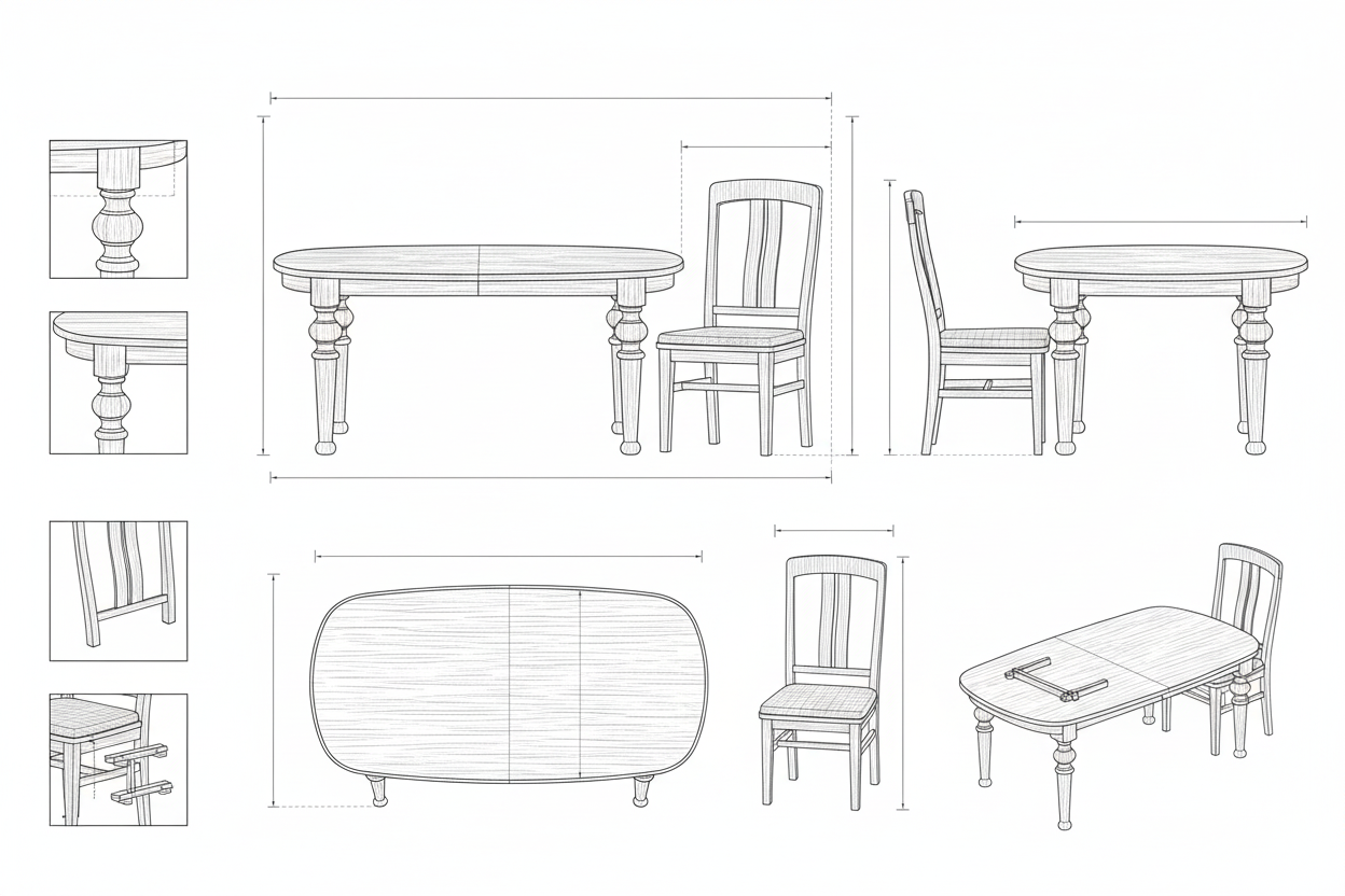 Meja Makan Kayu Solid Klasik dengan Kaki Bubut