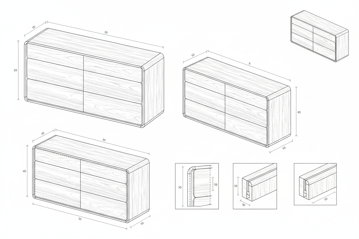 Bufet Laci Kayu Walnut Solid Minimalis Modern dengan Enam Laci - Nova