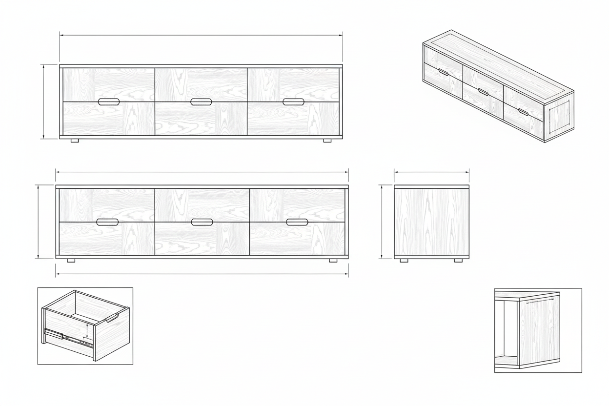 Bufet Kayu Jati Solid Minimalis Modern Enam Laci Penyimpanan - Aruna
